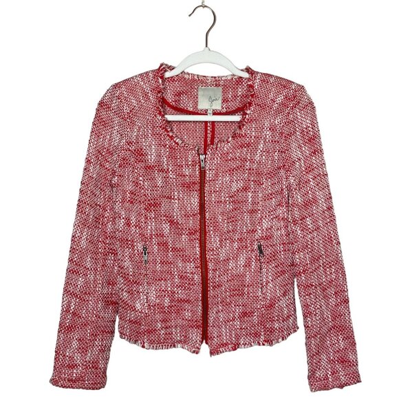 Joie Collis Tweed Blazer Size Small Zip Front Red White Textured - Picture 2 of 10